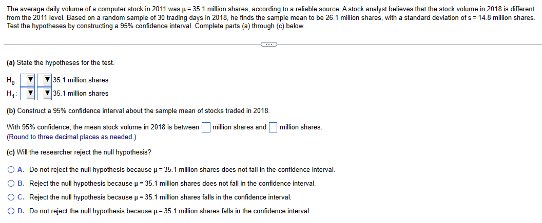 Solved The average daily volume of a computer stock in 2011 | Chegg.com