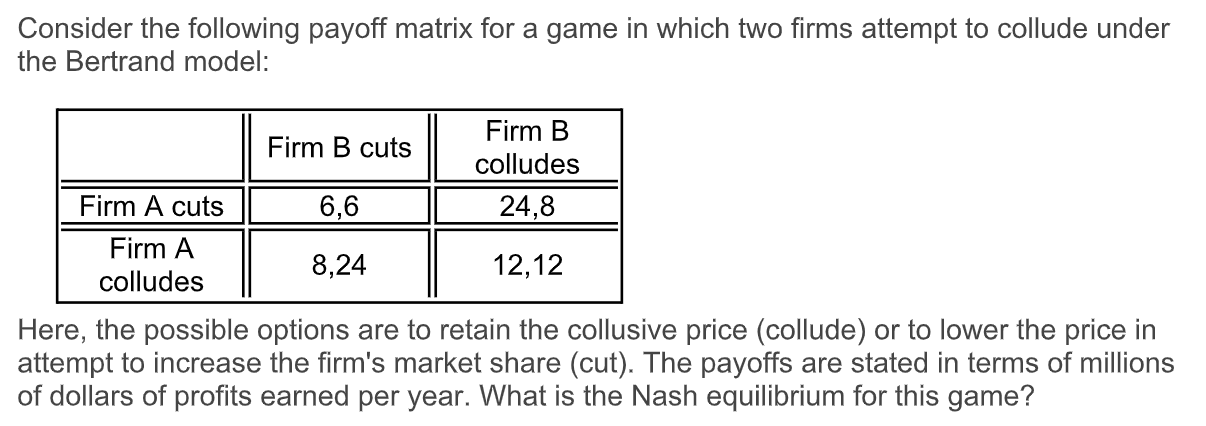 Solved Consider the following payoff matrix for a game in | Chegg.com