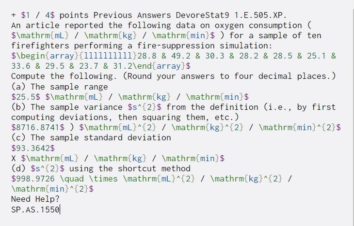Solved + $1 / 4$ points Previous Answers DevoreStat9 | Chegg.com