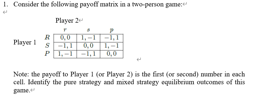 Solved 1. Consider the following payoff matrix in a | Chegg.com