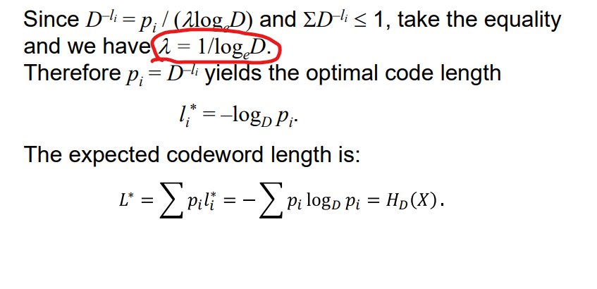 Since D−li=pi/(λlog2D) and ΣD−li≤1, take the equality | Chegg.com
