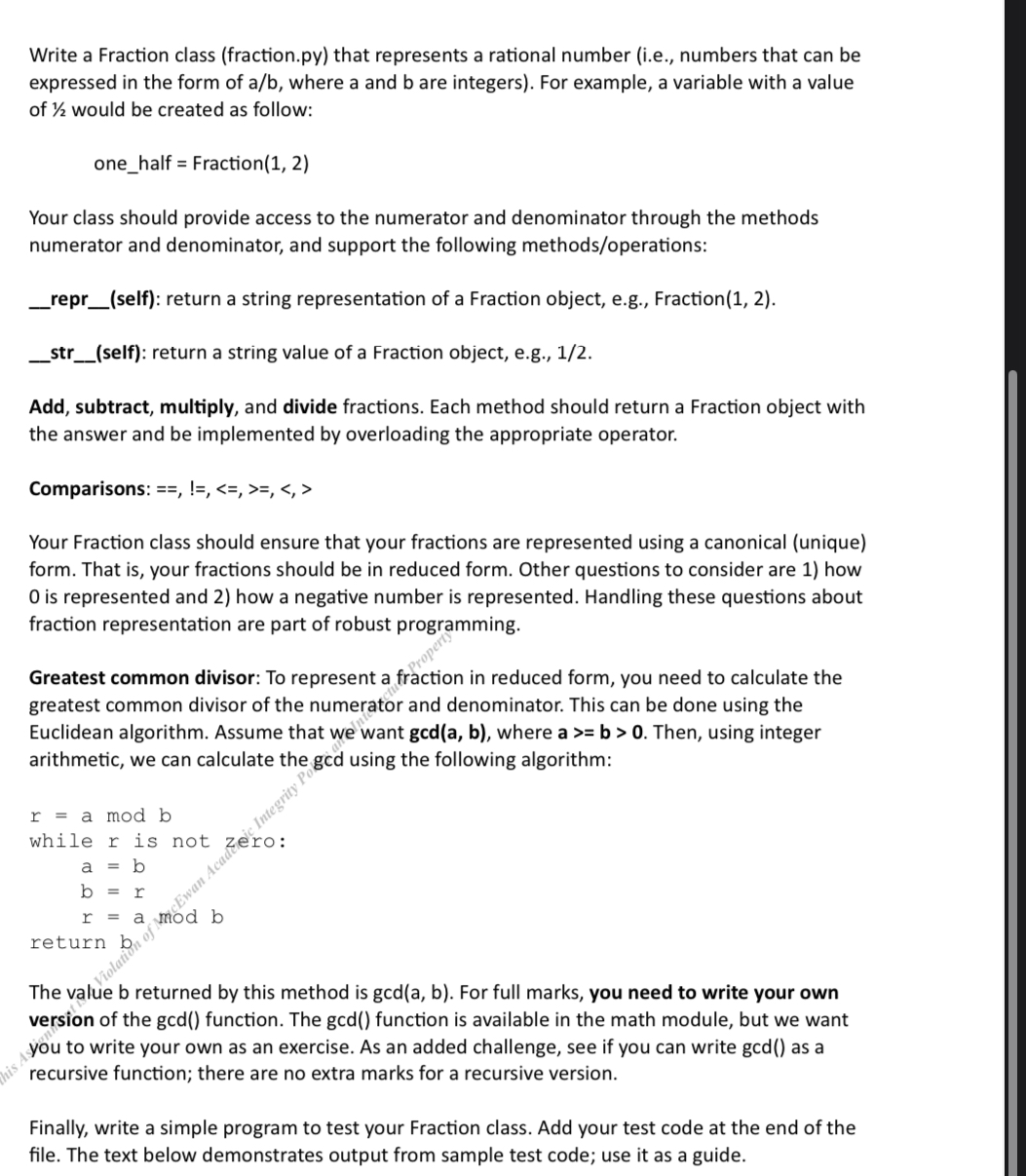 Solved Write a Fraction class (fraction.py) ﻿that represents | Chegg.com