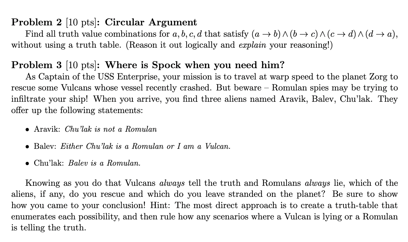 Problem (10 pts]: Circular Argument Find all truth | Chegg.com