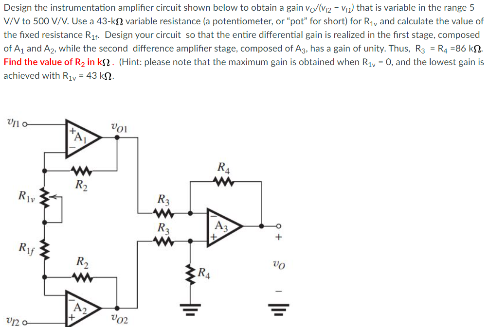 Solved Design the instrumentation amplifier circuit shown | Chegg.com