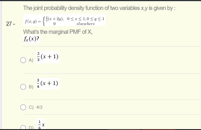 Solved 27. The joint probability density function of two | Chegg.com