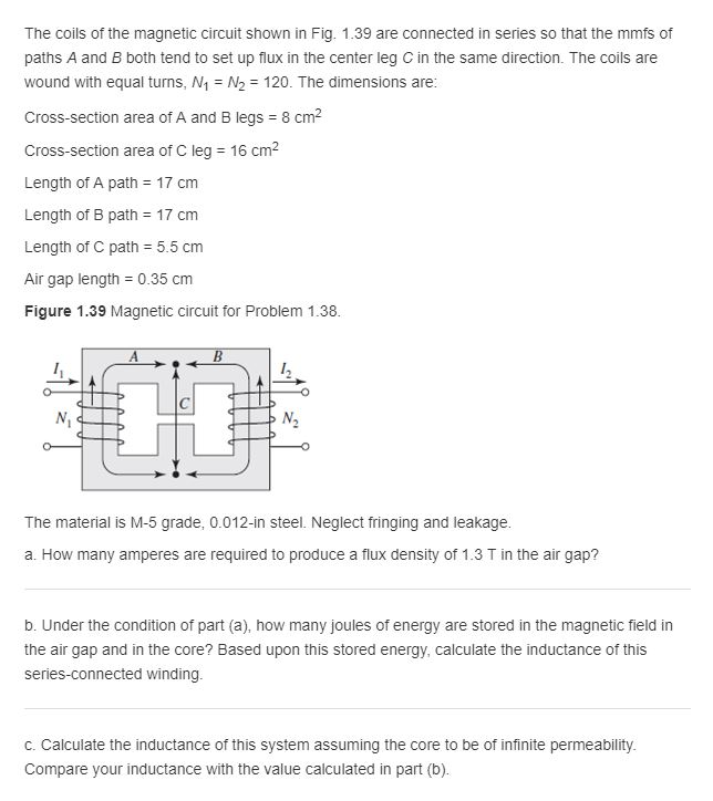 Solved The coils of the magnetic circuit shown in Fig. 1.39 | Chegg.com