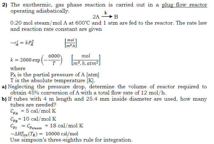 Solved 2) The exothermic, gas phase reaction is carried out | Chegg.com