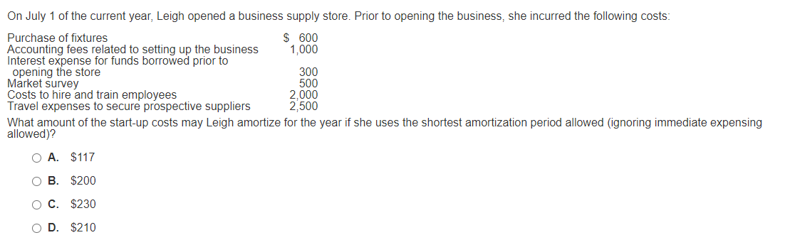 Solved A. $117 B. $200 C. $230 D. $210 | Chegg.com