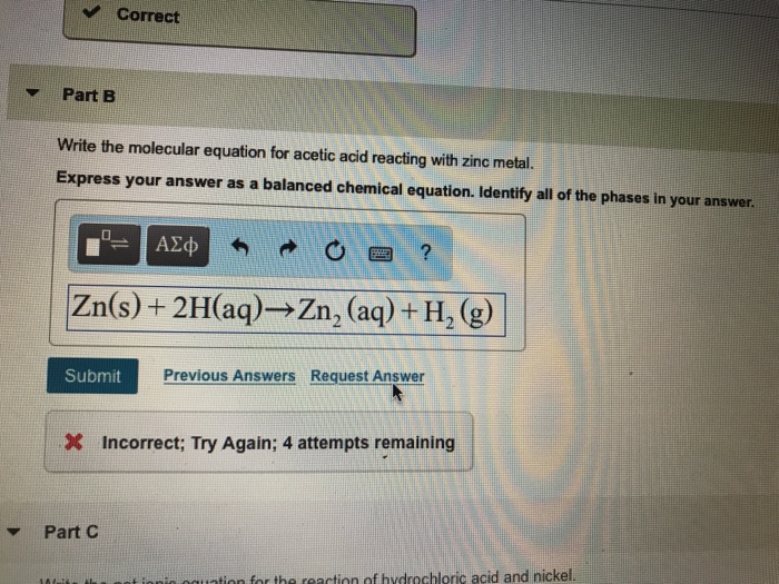 Solved Correct Part B Write the molecular equation for