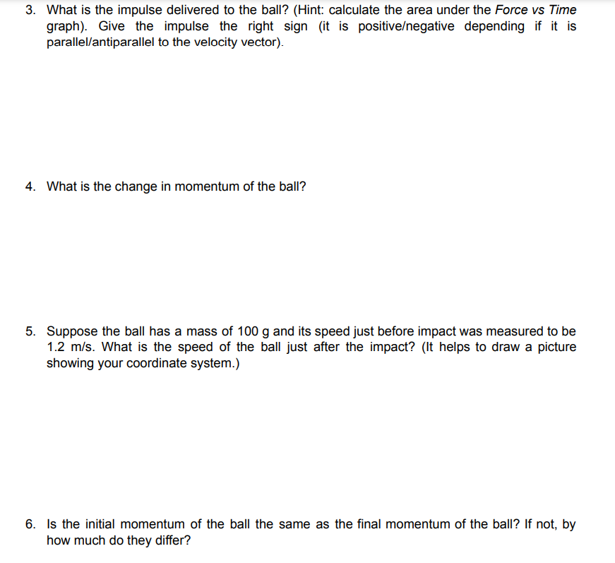 3. What is the impulse delivered to the ball? (Hint: calculate the area under the Force vs Time graph). Give the impulse the