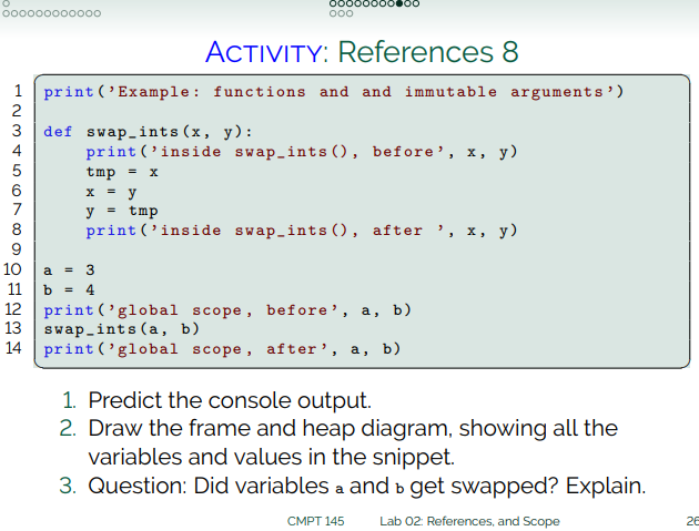 0000000000 000000000000 Ооо ACTIVITY: References 8 print(Example: functions and and immutable arguments) 500 OWN def swap-i