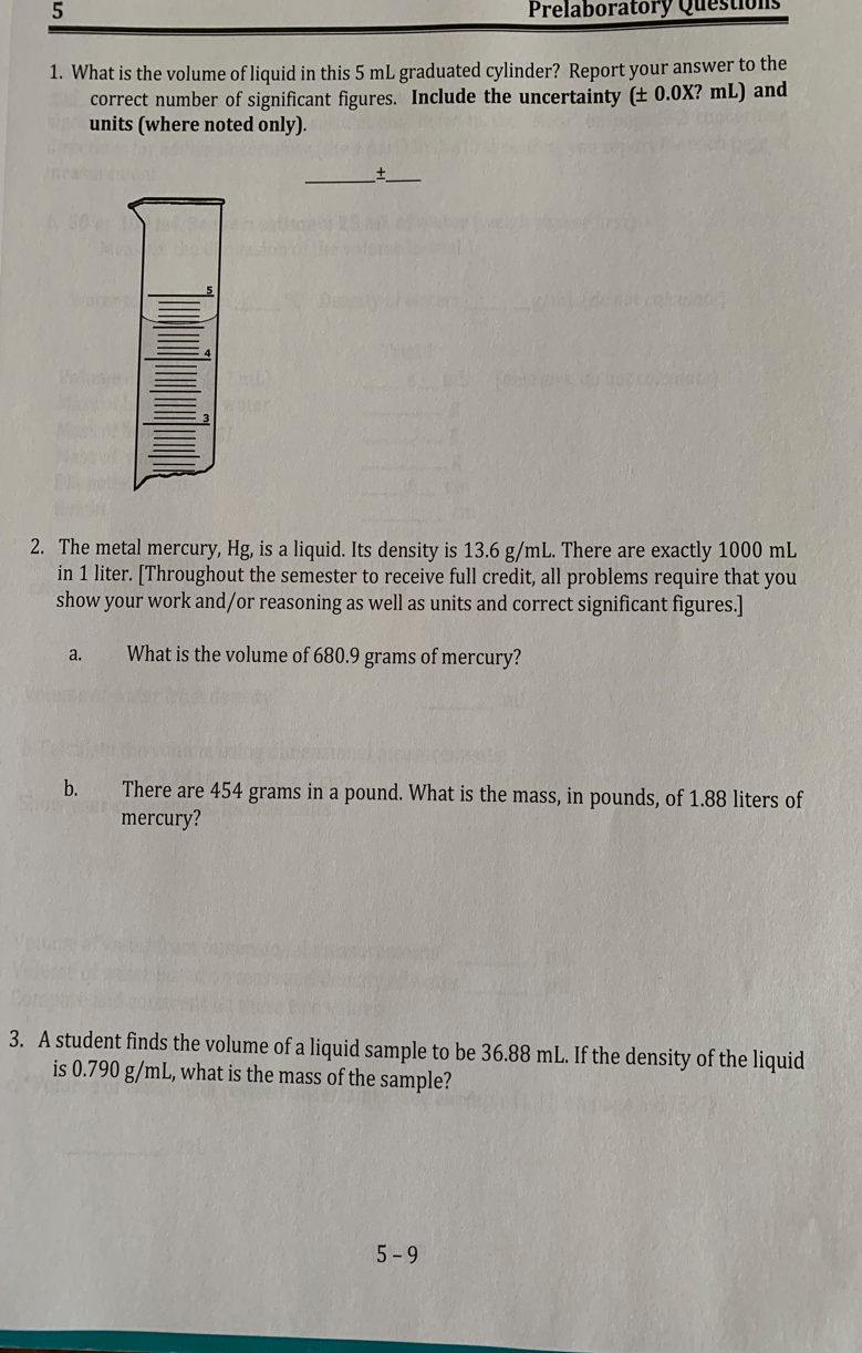 Solved Prelaboratory Questionis 1 What Is The Volume Of Chegg Com