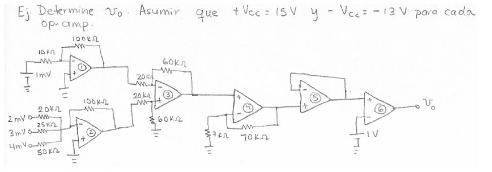 \( E_{j} \) Determine \( v_{0} \). Asumir que \( +V_{c c}=15 V \quad y-V_{c c}=-13 V \) para cado op-amp.