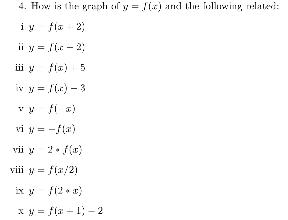 4. How is the graph of \( y=f(x) \) and the following related: i \( y=f(x+2) \) ii \( y=f(x-2) \) iii \( y=f(x)+5 \) iv \( y=