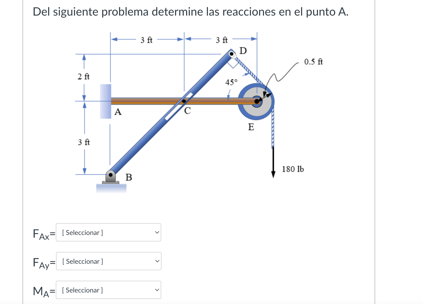 Del siguiente problema determine las reacciones en el punto \( A \).