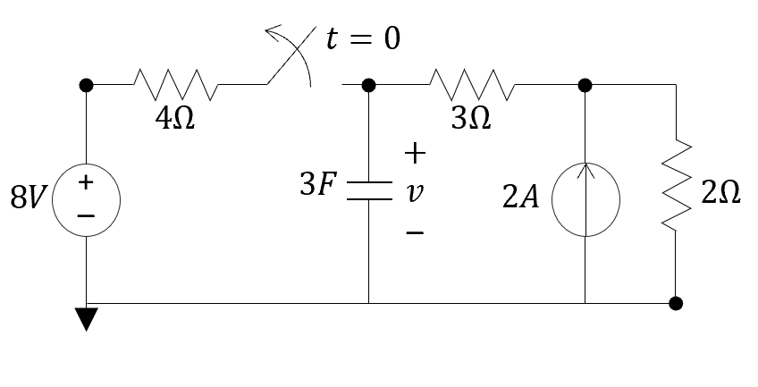 Solved t = 0 X W 4Ω 3Ω 8V 3F. + 1 + ΑΙ ν 2Α 2Ω | Chegg.com