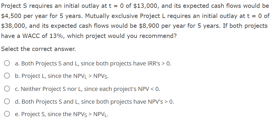 Solved Project S requires an initial outlay at t = 0 of | Chegg.com
