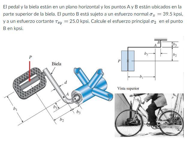 El pedal y la biela están en un plano horizontal y los puntos A y B están ubicados en la parte superior de la biela. El punto