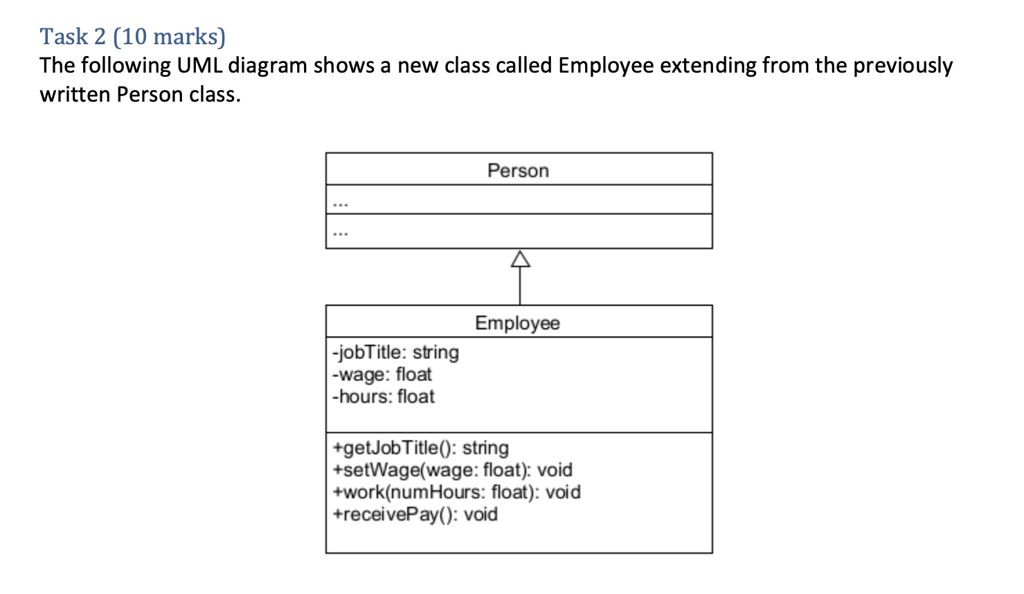 Task 2 (10 marks)
The following UML diagram shows a new class called Employee extending from the previously written Person cl