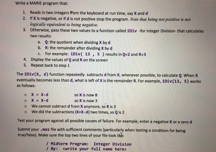 Write a MARIE program that: 1. Reads in two integers | Chegg.com
