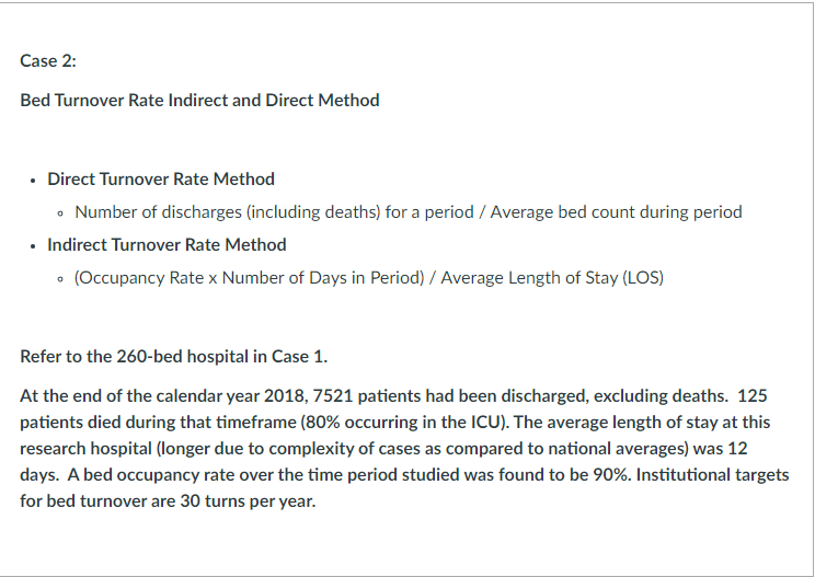 Case 2 Bed Turnover Rate Indirect and Direct Method