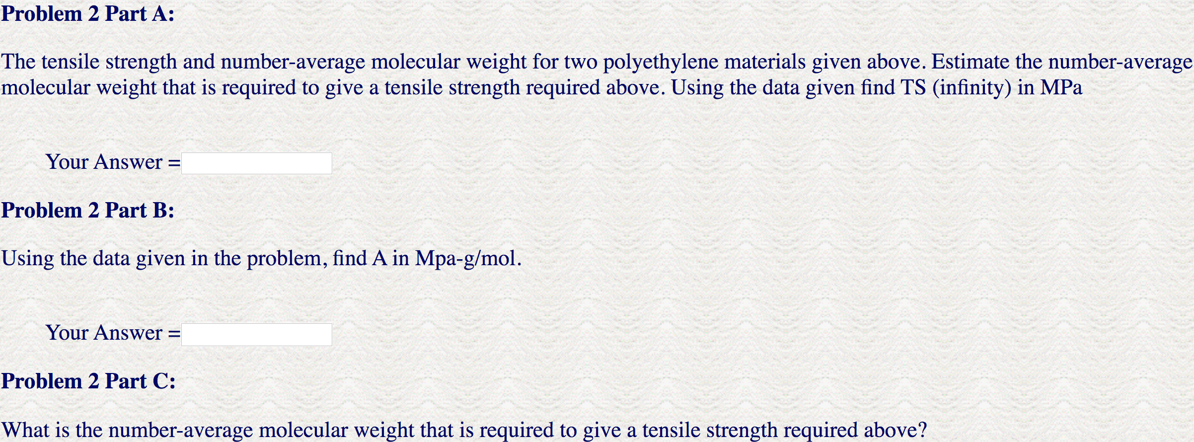 Solved -- = Data for Problem 2 Required Tensile Strength | Chegg.com