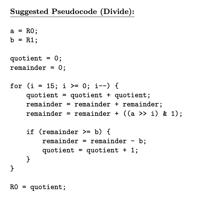 Suggested Pseudocode (Divide): a=R0;b=R1; quotient | Chegg.com