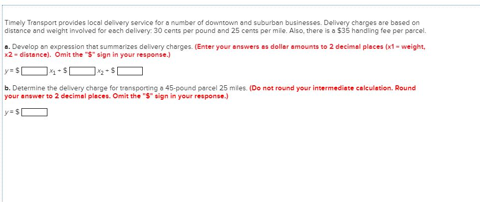 Solved Timely Transport provides local delivery service for | Chegg.com