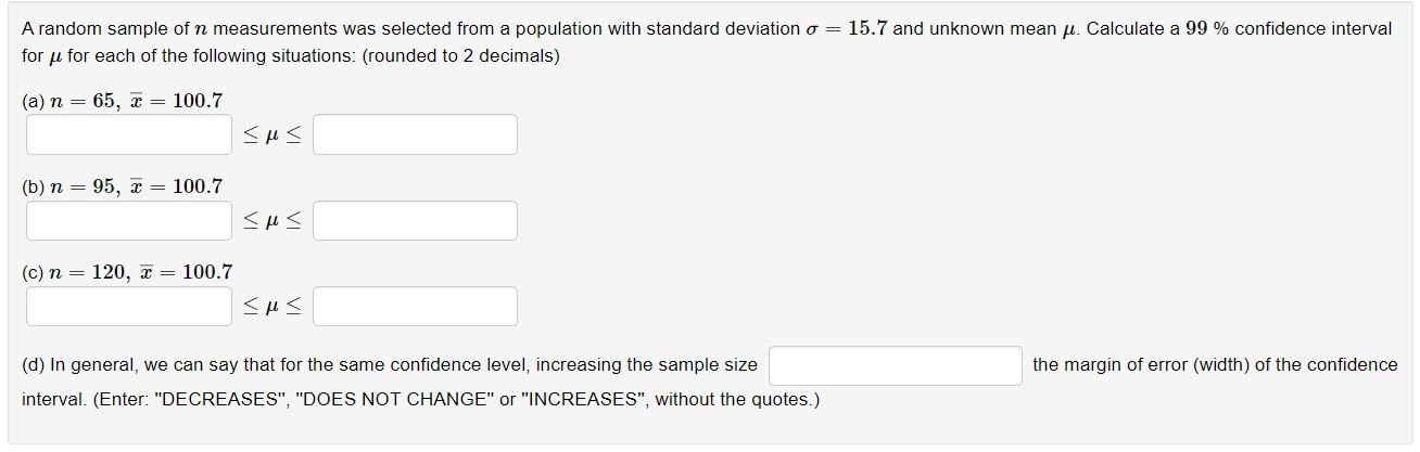 Solved A random sample of n measurements was selected from a | Chegg.com