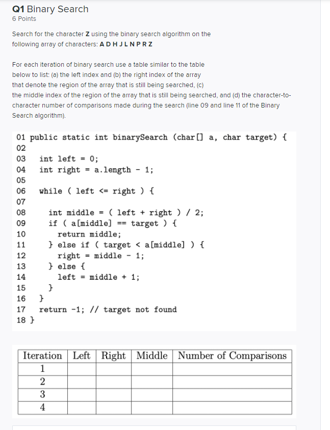 Solved Q1 Binary Search 6 Points Search for the character Z | Chegg.com