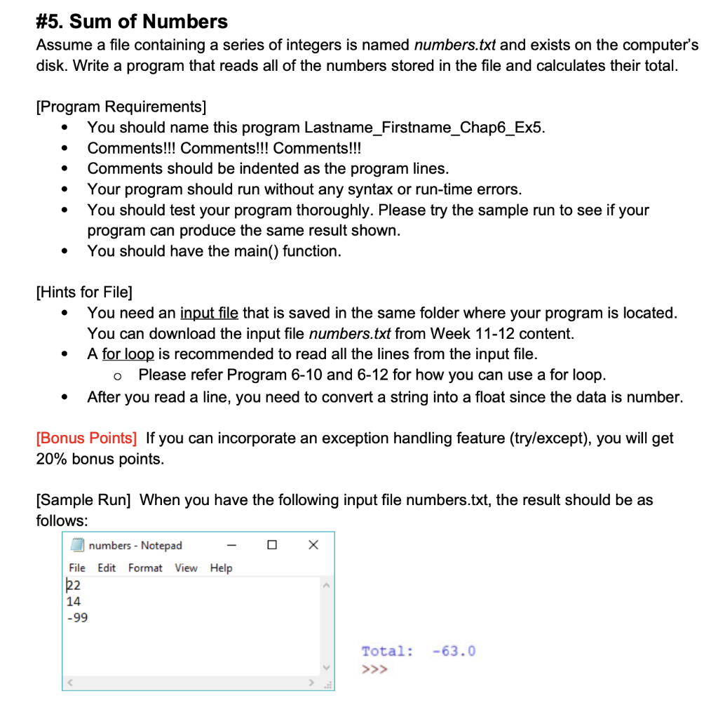 Solved \#5. Sum of Numbers Assume a file containing a series | Chegg.com