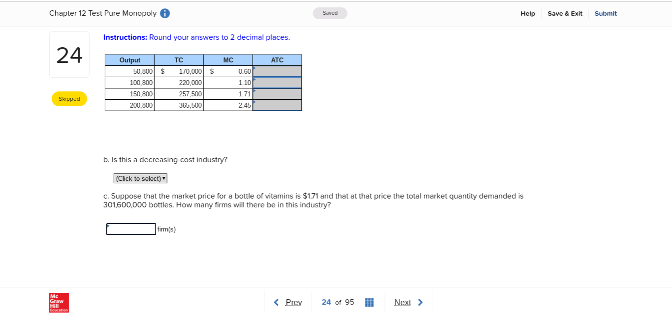 Solved Chapter 12 Test Pure Monopoly Saved Help Save & Exit | Chegg.com
