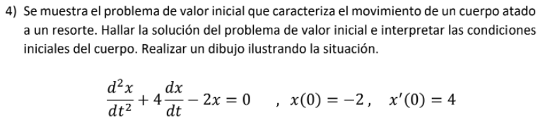 4) Se muestra el problema de valor inicial que caracteriza el movimiento de un cuerpo atado a un resorte. Hallar la solución