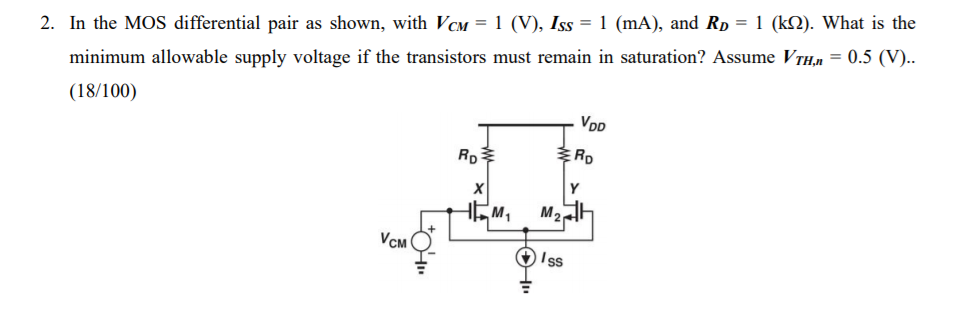 Solved 2. In the MOS differential pair as shown, with Vcm = | Chegg.com