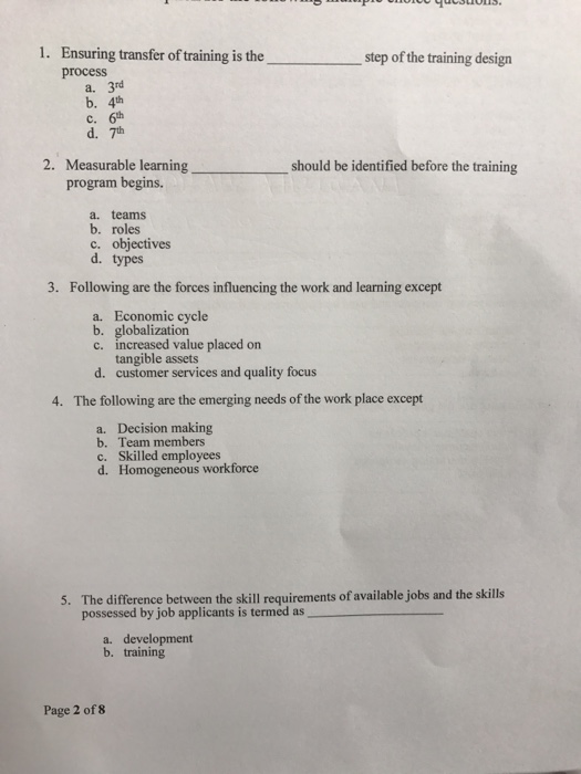 Solved 1 Ensuring Transfer Oftraining Is The Step Of The Chegg