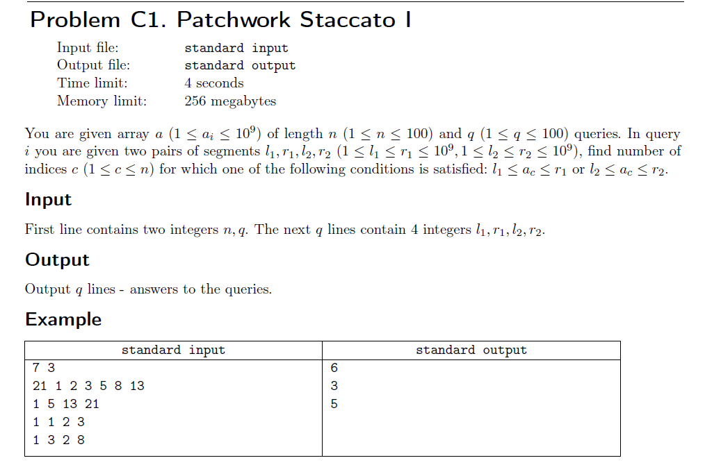 Solved Problem C1. Patchwork Staccato | Input file: standard | Chegg.com