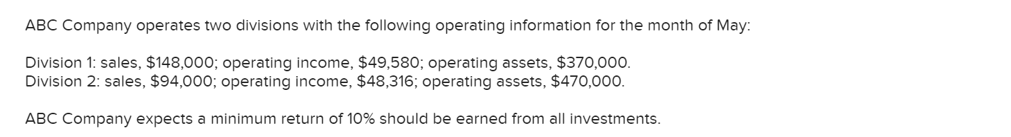 Solved ABC Company operates two divisions with the following | Chegg.com