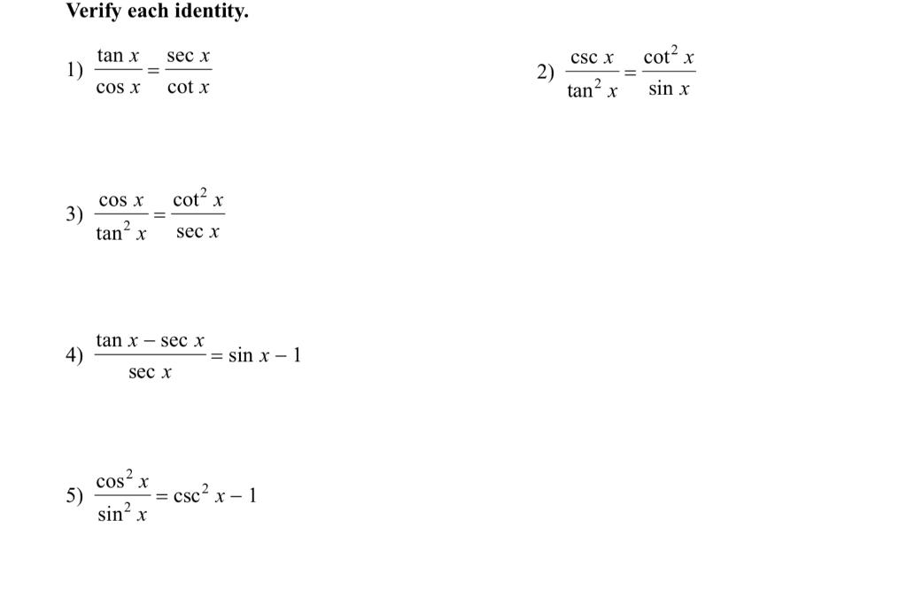 Solved verify each identity tan x sec x 1 2 csc x tan x chegg