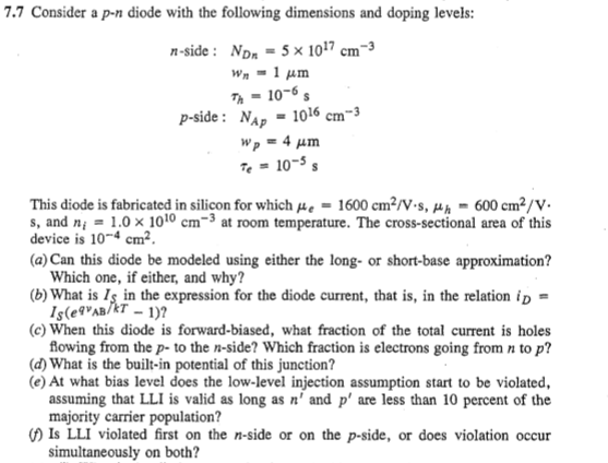 7.7 Consider a p-n diode with the following | Chegg.com