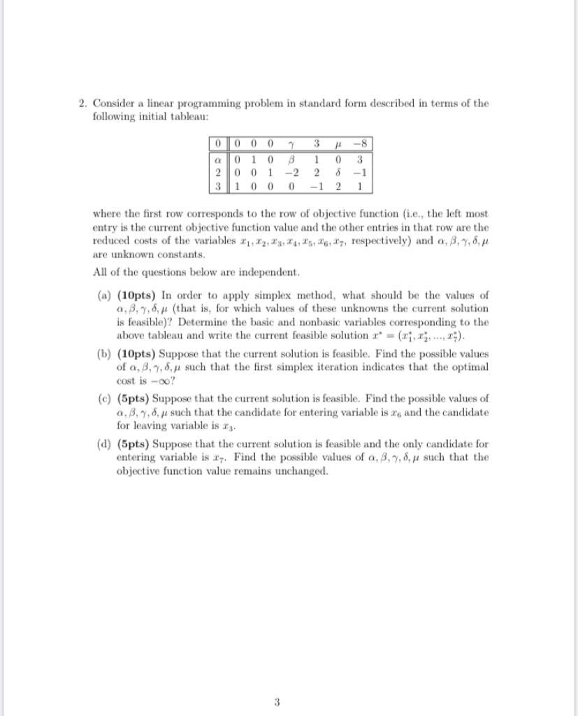 2. Consider a linear programming problem in standard | Chegg.com