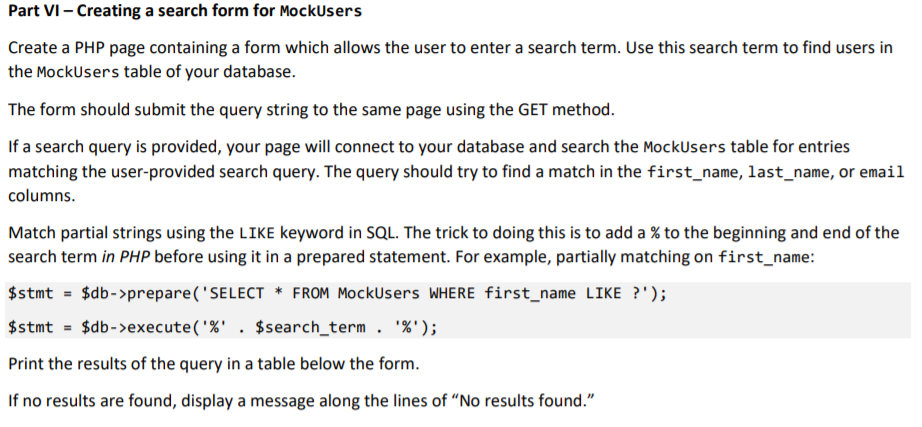 Solved Part VI - Creating a search form for MockUsers Create | Chegg.com