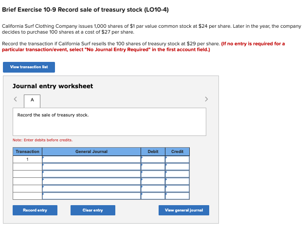 Solved Brief Exercise 10-9 Record sale of treasury stock | Chegg.com