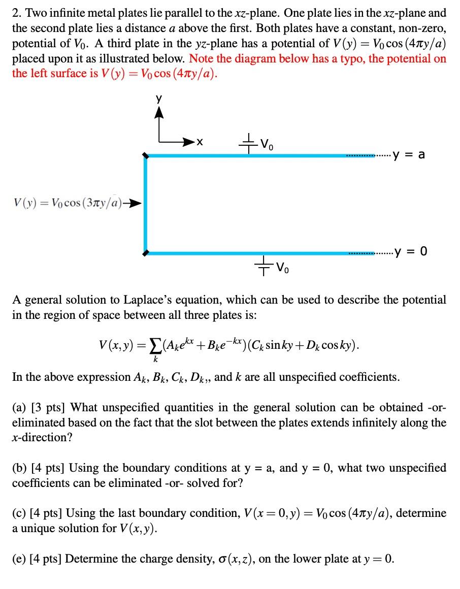 Solved 2. Two infinite metal plates lie parallel to the | Chegg.com