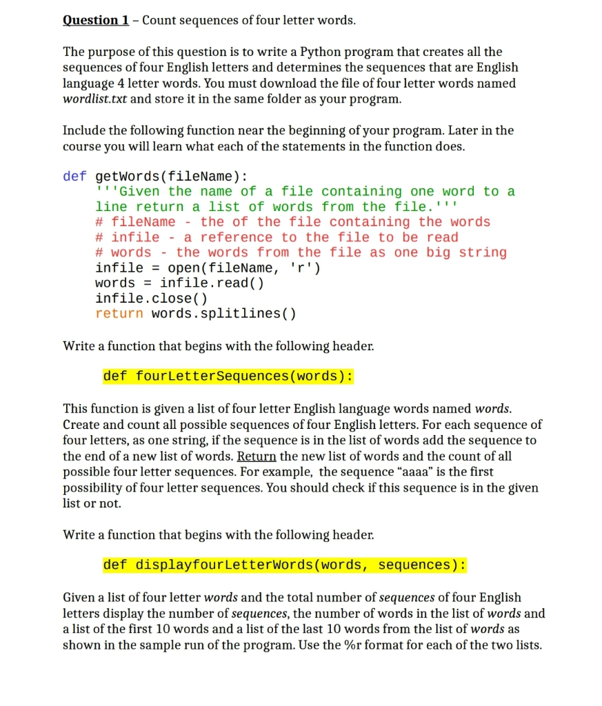 Question 1 Count sequences of four letter words. The | Chegg.com