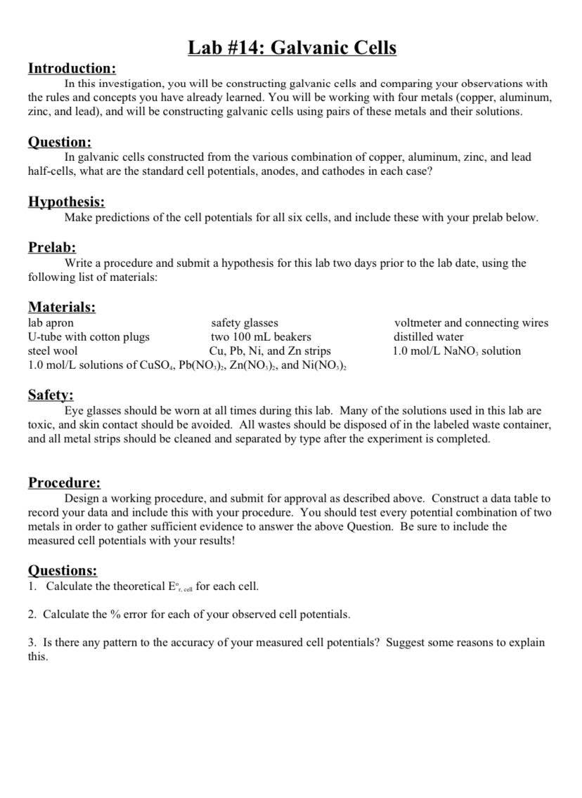 Solved Lab #14: Galvanic Cells Introduction: In this | Chegg.com