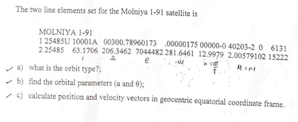 Solved The two line elements set for the Molniya 1-91 | Chegg.com