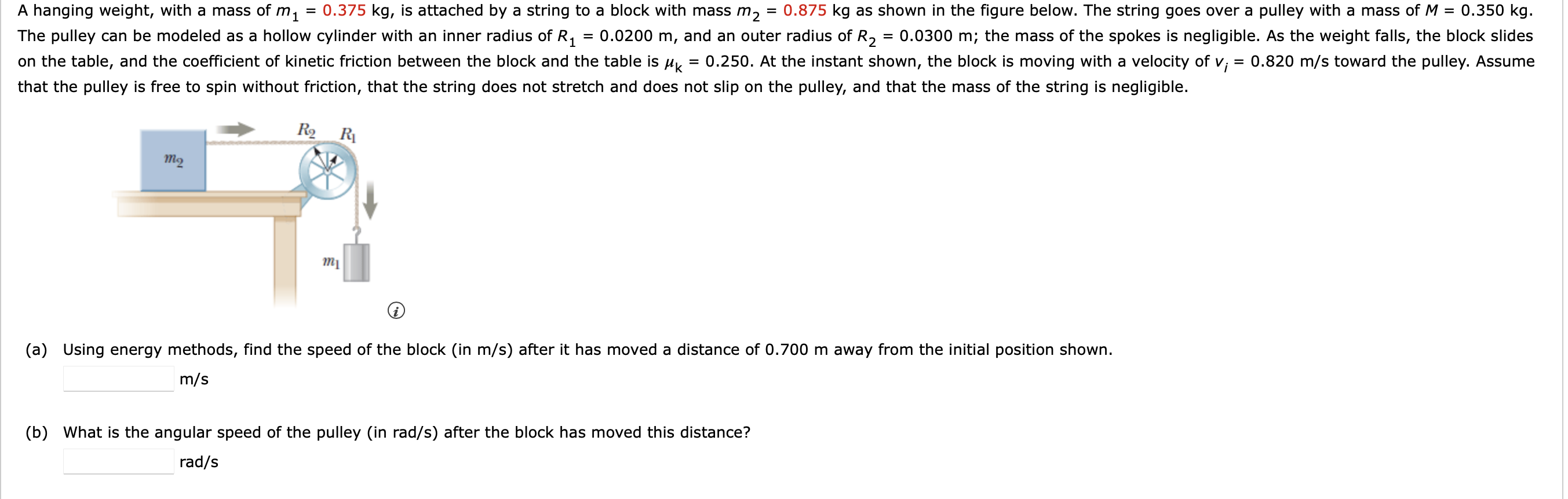 Solved A hanging weight, with a mass of my = 0.375 kg, is | Chegg.com