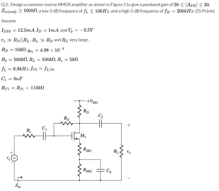 Q2: Design a common-source NMOS amplifier as shown in | Chegg.com