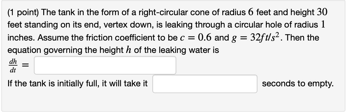 Solved The tank in the form of a right-circular cone of | Chegg.com