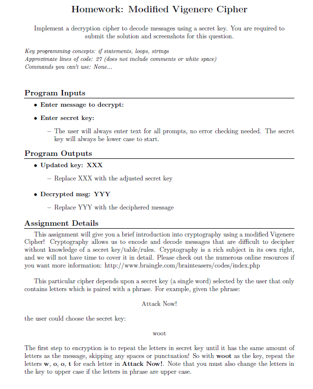 HW 9: Modified Vigenere Cipher Can someone please | Chegg.com